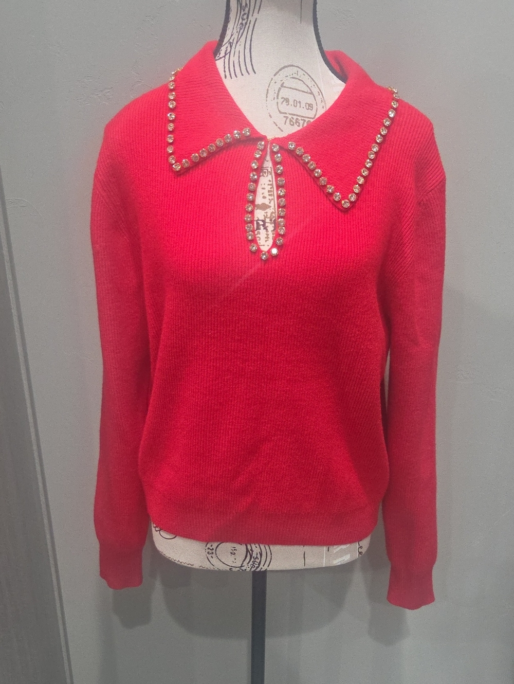 Nicole Miller Red Jeweled-Collar Scoop Neck Sweater